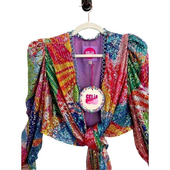 Celia B Fuji Tie Front Sequined Crop Top Multicolor Women’s Size Small - Picture 4 of 16